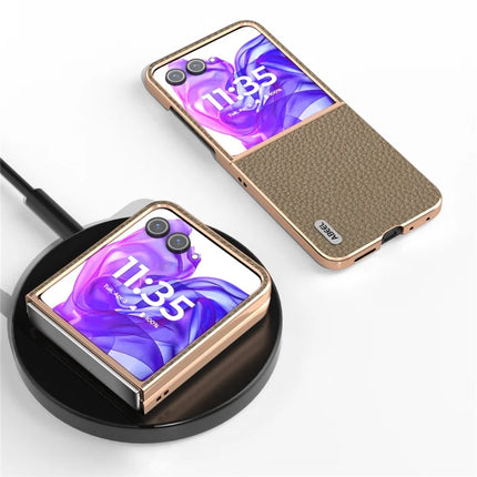 ABEEL For Motorola Razr 50 Ultra 5G Case Electroplating Phone Cover Star Series Genuine Cow Leather+TPU Protective Case