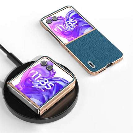 ABEEL For Motorola Razr 50 Ultra 5G Case Electroplating Phone Cover Star Series Genuine Cow Leather+TPU Protective Case