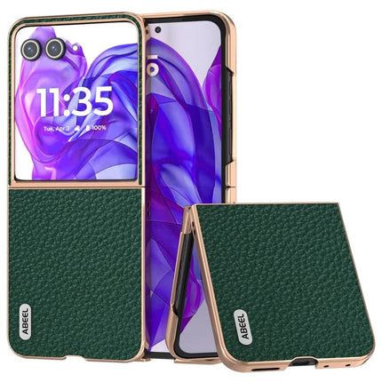 ABEEL For Motorola Razr 50 Ultra 5G Case Electroplating Phone Cover Star Series Genuine Cow Leather+TPU Protective Case - Green
