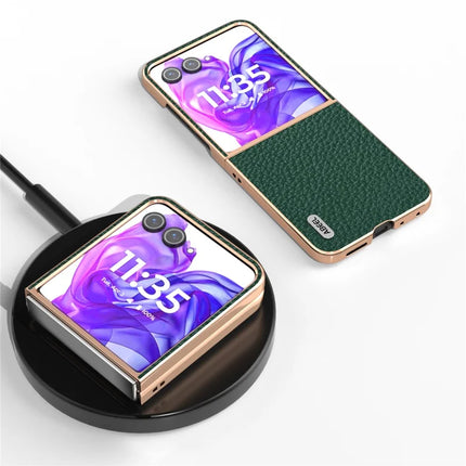 ABEEL For Motorola Razr 50 Ultra 5G Case Electroplating Phone Cover Star Series Genuine Cow Leather+TPU Protective Case