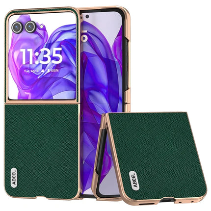 ABEEL For Motorola Razr 50 Ultra 5G Case Electroplating Phone Cover Cross Texture Genuine Cow Leather+TPU Protective Case - Green