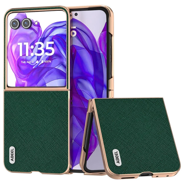 ABEEL For Motorola Razr 50 Ultra 5G Case Electroplating Phone Cover Cross Texture Genuine Cow Leather+TPU Protective Case - Green