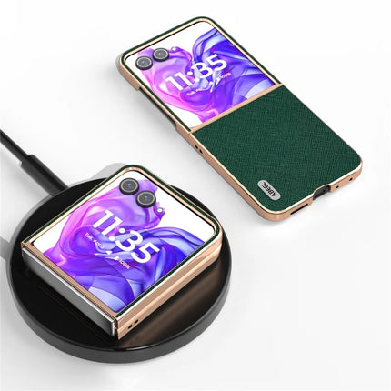ABEEL For Motorola Razr 50 Ultra 5G Case Electroplating Phone Cover Cross Texture Genuine Cow Leather+TPU Protective Case