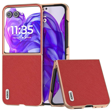 ABEEL For Motorola Razr 50 Ultra 5G Case Electroplating Phone Cover Cross Texture Genuine Cow Leather+TPU Protective Case - Red