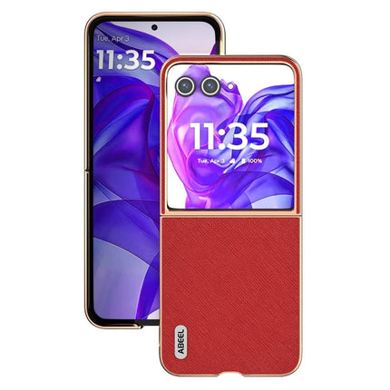 ABEEL For Motorola Razr 50 Ultra 5G Case Electroplating Phone Cover Cross Texture Genuine Cow Leather+TPU Protective Case