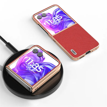 ABEEL For Motorola Razr 50 Ultra 5G Case Electroplating Phone Cover Cross Texture Genuine Cow Leather+TPU Protective Case