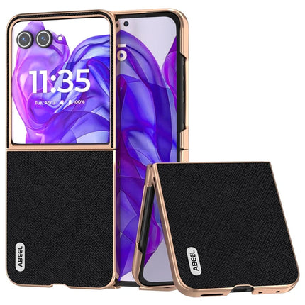 ABEEL For Motorola Razr 50 Ultra 5G Case Electroplating Phone Cover Cross Texture Genuine Cow Leather+TPU Protective Case - Black