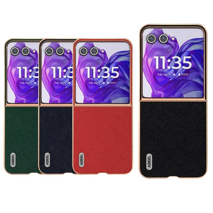 ABEEL For Motorola Razr 50 Ultra 5G Case Electroplating Phone Cover Cross Texture Genuine Cow Leather+TPU Protective Case