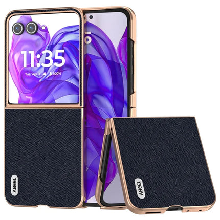 ABEEL For Motorola Razr 50 Ultra 5G Case Electroplating Phone Cover Cross Texture Genuine Cow Leather+TPU Protective Case - Blue