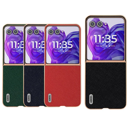 ABEEL For Motorola Razr 50 Ultra 5G Case Electroplating Phone Cover Cross Texture Genuine Cow Leather+TPU Protective Case