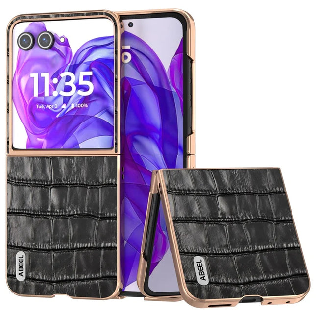 ABEEL For Motorola Razr 50 Ultra 5G Case Electroplating Phone Cover Crocodile Texture Genuine Cow Leather+TPU Protective Case - Black