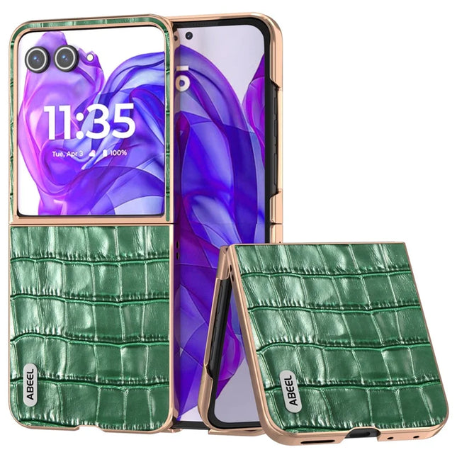 ABEEL For Motorola Razr 50 Ultra 5G Case Electroplating Phone Cover Crocodile Texture Genuine Cow Leather+TPU Protective Case - Green