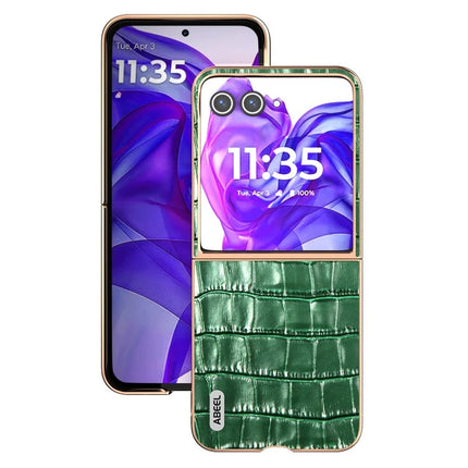 ABEEL For Motorola Razr 50 Ultra 5G Case Electroplating Phone Cover Crocodile Texture Genuine Cow Leather+TPU Protective Case
