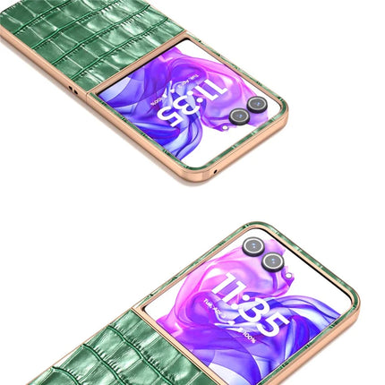 ABEEL For Motorola Razr 50 Ultra 5G Case Electroplating Phone Cover Crocodile Texture Genuine Cow Leather+TPU Protective Case