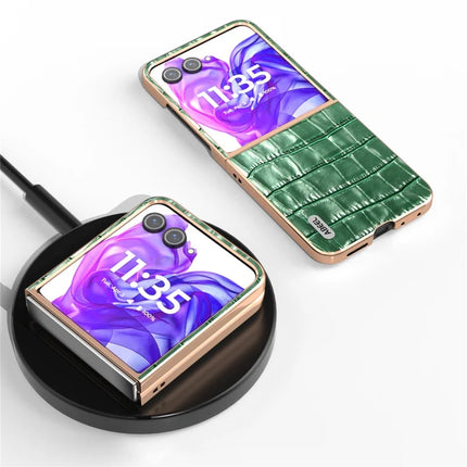 ABEEL For Motorola Razr 50 Ultra 5G Case Electroplating Phone Cover Crocodile Texture Genuine Cow Leather+TPU Protective Case