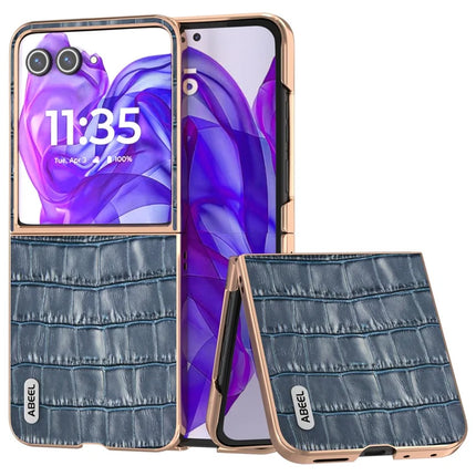 ABEEL For Motorola Razr 50 Ultra 5G Case Electroplating Phone Cover Crocodile Texture Genuine Cow Leather+TPU Protective Case - Blue