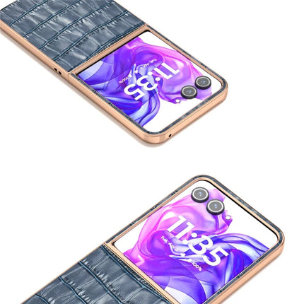 ABEEL For Motorola Razr 50 Ultra 5G Case Electroplating Phone Cover Crocodile Texture Genuine Cow Leather+TPU Protective Case