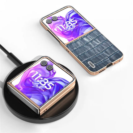 ABEEL For Motorola Razr 50 Ultra 5G Case Electroplating Phone Cover Crocodile Texture Genuine Cow Leather+TPU Protective Case