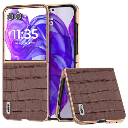 ABEEL For Motorola Razr 50 Ultra 5G Case Electroplating Phone Cover Crocodile Texture Genuine Cow Leather+TPU Protective Case - Brown