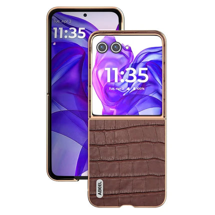 ABEEL For Motorola Razr 50 Ultra 5G Case Electroplating Phone Cover Crocodile Texture Genuine Cow Leather+TPU Protective Case