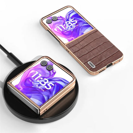 ABEEL For Motorola Razr 50 Ultra 5G Case Electroplating Phone Cover Crocodile Texture Genuine Cow Leather+TPU Protective Case
