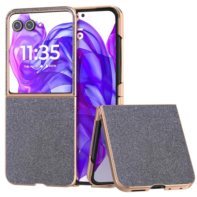 For Motorola Razr 50 Ultra 5G Case Electroplating Phone Cover Glitter Surface Design PU+TPU Protective Case - Black