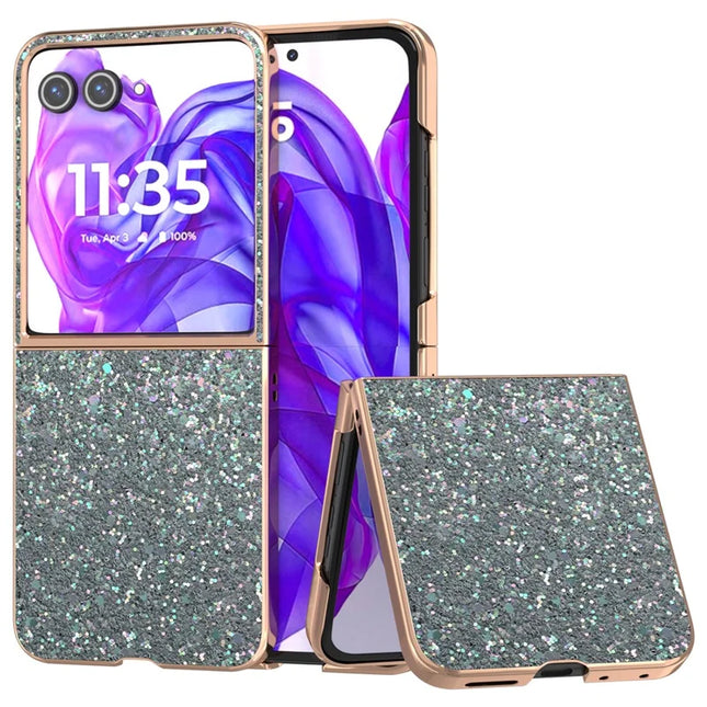 For Motorola Razr 50 Ultra 5G Case Electroplating Phone Cover Colored Glitter Design PU+TPU Protective Case - Rock Pine Green