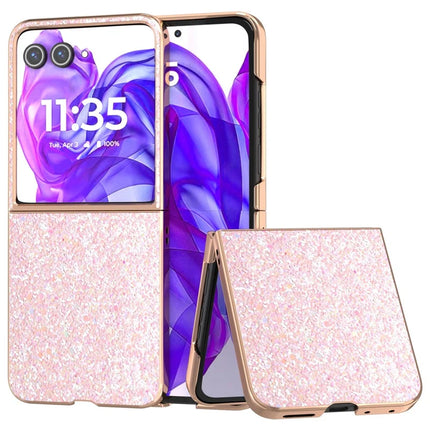 For Motorola Razr 50 Ultra 5G Case Electroplating Phone Cover Colored Glitter Design PU+TPU Protective Case - Peach Pink