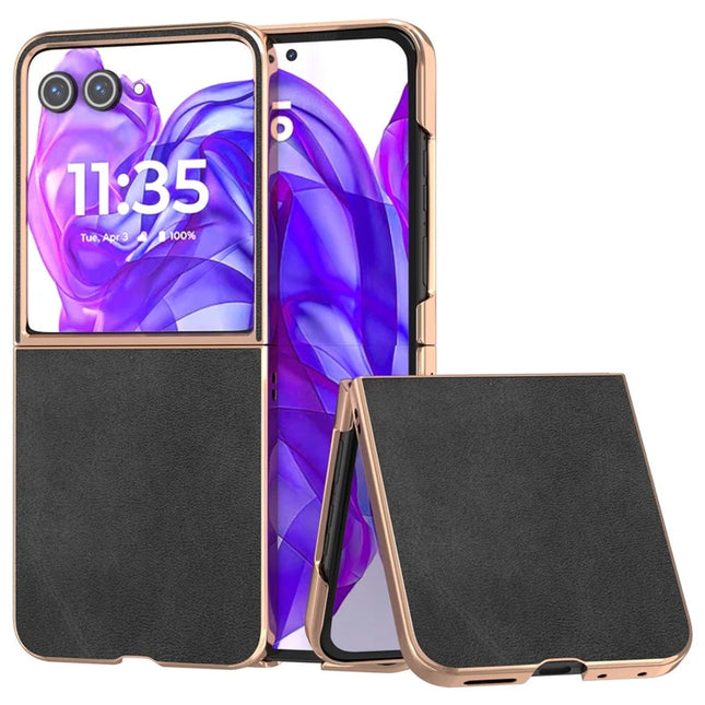 For Motorola Razr 50 Ultra 5G Case Electroplating Phone Cover Cowhide Texture PU+TPU Protective Case - Black