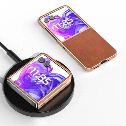 For Motorola Razr 50 Ultra 5G Case Electroplating Phone Cover Cowhide Texture PU+TPU Protective Case
