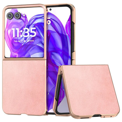 For Motorola Razr 50 Ultra 5G Case Electroplating Phone Cover Cowhide Texture PU+TPU Protective Case - Pink
