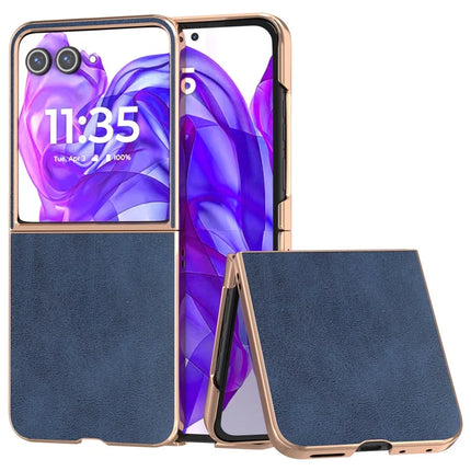 For Motorola Razr 50 Ultra 5G Case Electroplating Phone Cover Cowhide Texture PU+TPU Protective Case - Blue