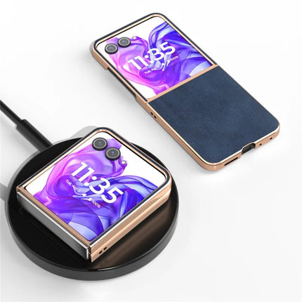 For Motorola Razr 50 Ultra 5G Case Electroplating Phone Cover Cowhide Texture PU+TPU Protective Case