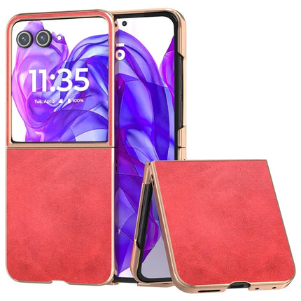 For Motorola Razr 50 Ultra 5G Case Electroplating Phone Cover Cowhide Texture PU+TPU Protective Case - Red