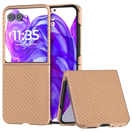 For Motorola Razr 50 Ultra 5G Case Electroplating Phone Cover Carbon Fiber Texture PU+TPU Protective Case - Beige