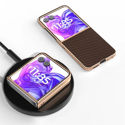 For Motorola Razr 50 Ultra 5G Case Electroplating Phone Cover Carbon Fiber Texture PU+TPU Protective Case