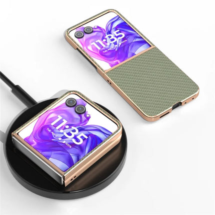 For Motorola Razr 50 Ultra 5G Case Electroplating Phone Cover Carbon Fiber Texture PU+TPU Protective Case