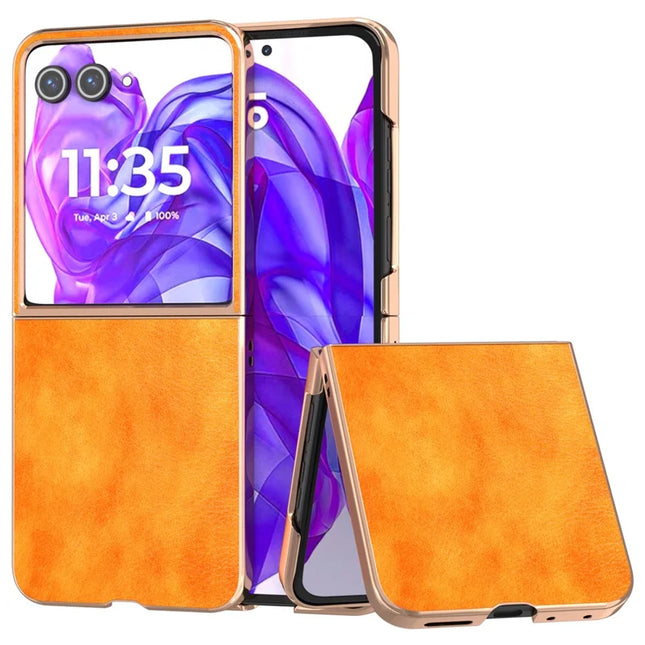 For Motorola Razr 50 Ultra 5G Case Electroplating Phone Cover PU Leather+TPU Litchi Texture Case - Orange