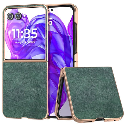 For Motorola Razr 50 Ultra 5G Case Electroplating Phone Cover PU Leather+TPU Litchi Texture Case - Green