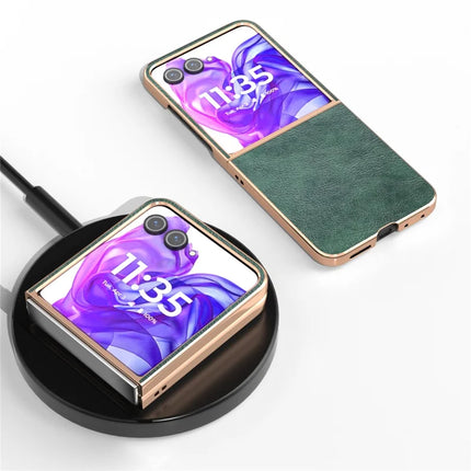 For Motorola Razr 50 Ultra 5G Case Electroplating Phone Cover PU Leather+TPU Litchi Texture Case