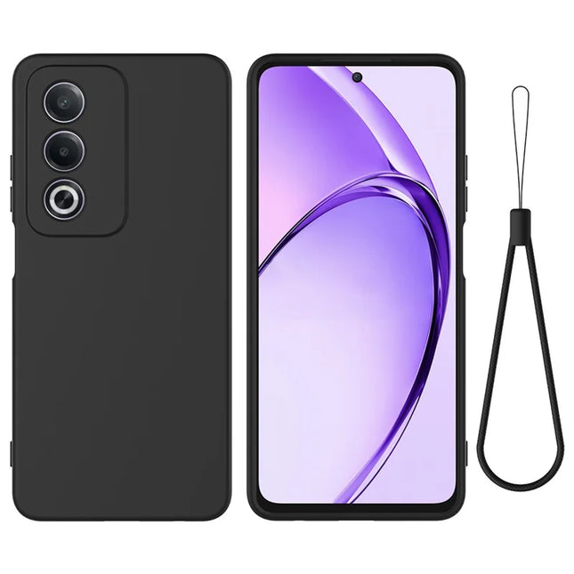 For Oppo A80 5G Case Liquid Silicone Anti-Scratch Phone Cover with Hand Strap - Black