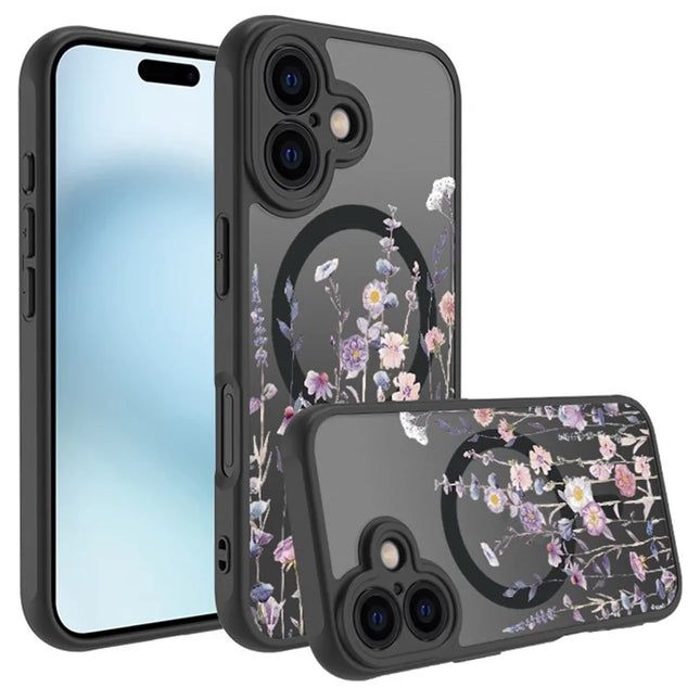 For iPhone 16 Plus Case Compatible with MagSafe Flower Printing Pattern Anti-Drop TPU+PC Phone Cover