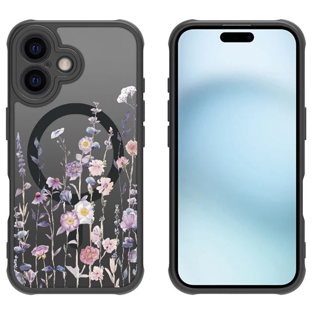 For iPhone 16 Plus Case Compatible with MagSafe Flower Printing Pattern Anti-Drop TPU+PC Phone Cover