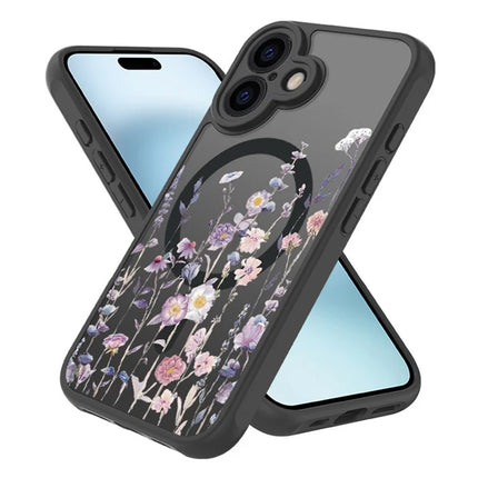 For iPhone 16 Plus Case Compatible with MagSafe Flower Printing Pattern Anti-Drop TPU+PC Phone Cover