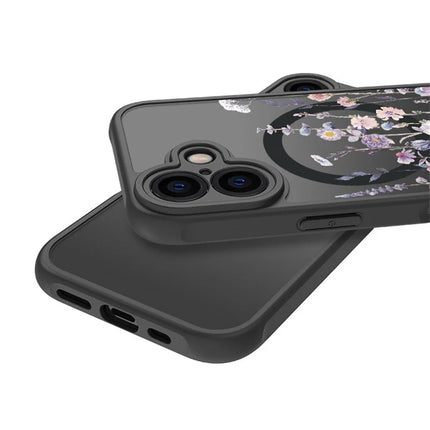 For iPhone 16 Plus Case Compatible with MagSafe Flower Printing Pattern Anti-Drop TPU+PC Phone Cover