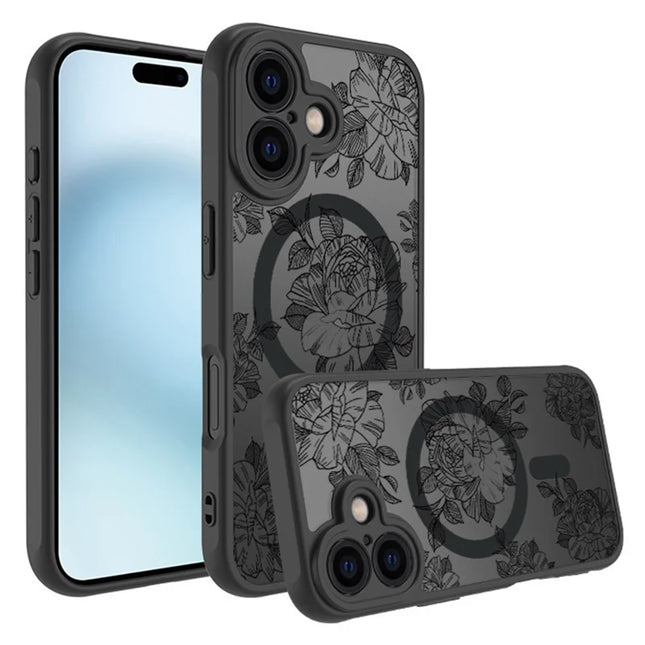 For iPhone 16 Plus Case Compatible with MagSafe Clear Floral Pattern Matte Anti-Drop TPU+PC Phone Cover