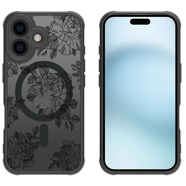 For iPhone 16 Plus Case Compatible with MagSafe Clear Floral Pattern Matte Anti-Drop TPU+PC Phone Cover