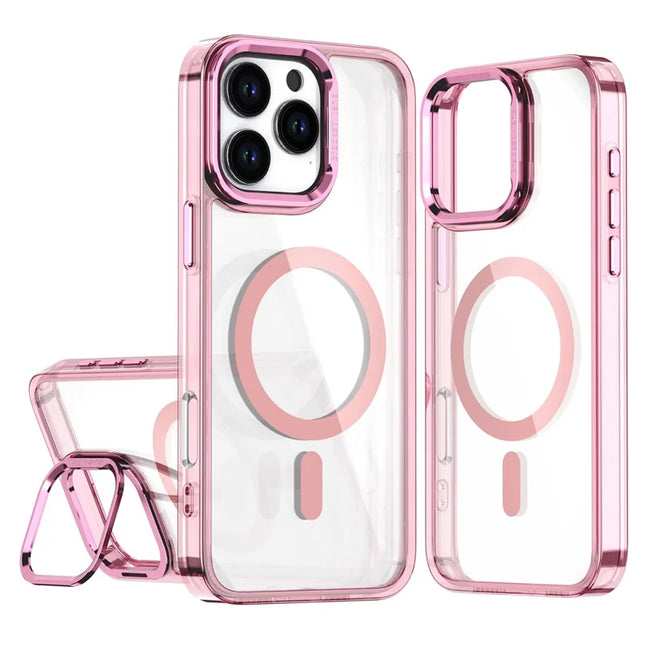 For iPhone 16 Pro Max Case Compatible with MagSafe Camera Kickstand Clear Acrylic Phone Cover - Pink