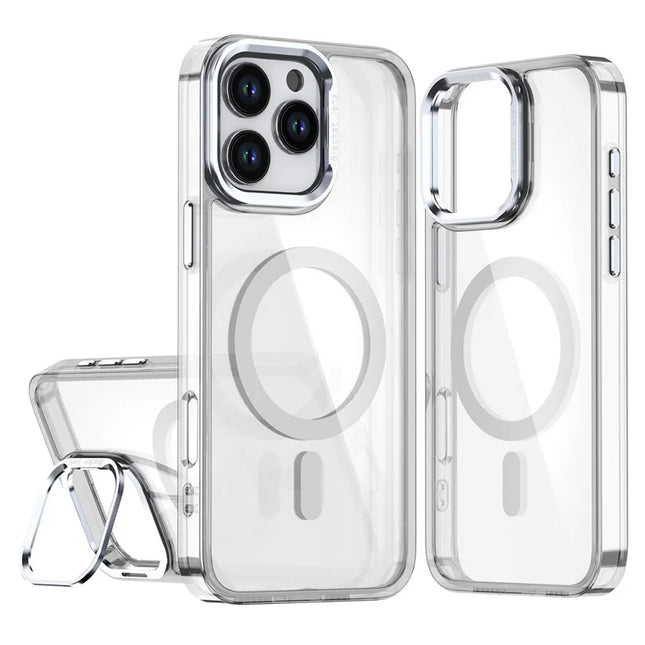 For iPhone 16 Pro Max Case Compatible with MagSafe Camera Kickstand Clear Acrylic Phone Cover - White