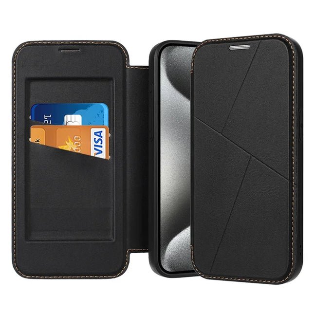 For iPhone 15 Pro Max Case Magnetic Closure Card Slot Leather Flip Phone Cover - Black